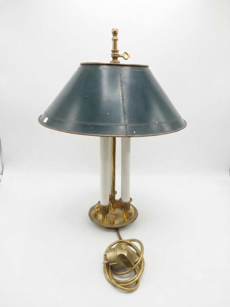 Three-Light Bouillotte Table Lamp, Bronze Base and Green Tole Shade