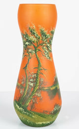 Vintage Pâte de Verre Style Vase, Hand-Painted Landscape Design in Orange and Green, 1930s-40s