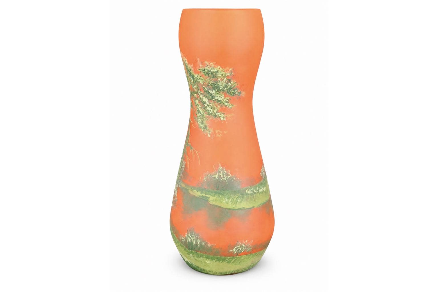Vintage Pâte de Verre Style Vase, Hand-Painted Landscape Design in Orange and Green, 1930s-40s