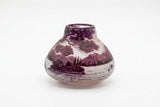 Antique Pâte de Verre Vase Signed Val, Purple Acid-Etched Lakeside Landscape, Squat Bulbous Form