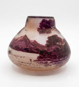 Antique Pâte de Verre Vase Signed Val, Purple Acid-Etched Lakeside Landscape, Squat Bulbous Form