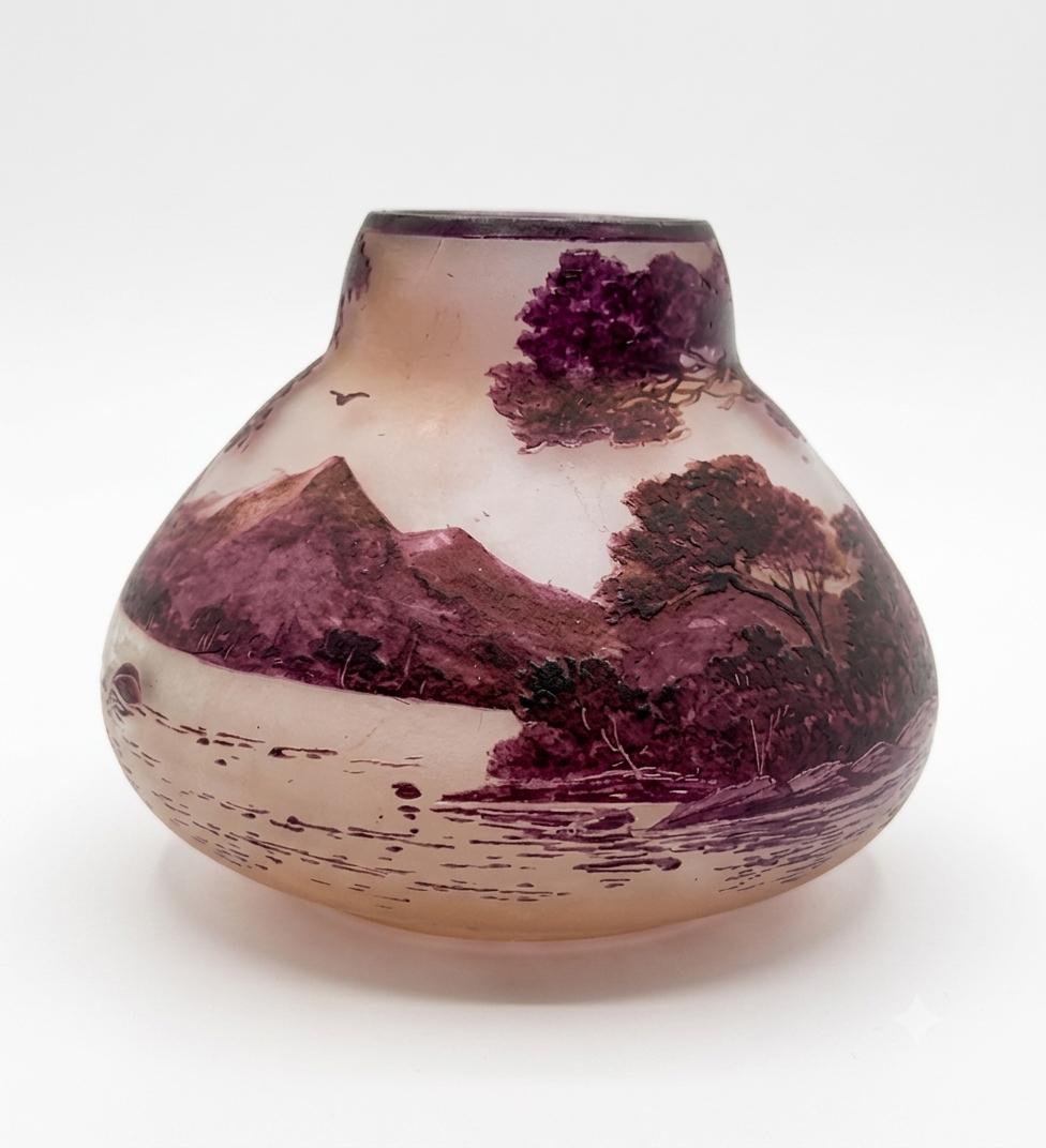 Antique Pâte de Verre Vase Signed Val, Purple Acid-Etched Lakeside Landscape, Squat Bulbous Form