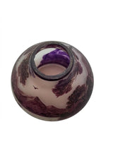 Antique Pâte de Verre Vase Signed Val, Purple Acid-Etched Lakeside Landscape, Squat Bulbous Form