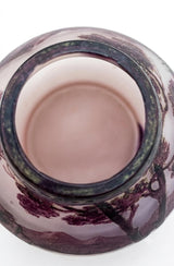 Antique Pâte de Verre Vase Signed Val, Purple Acid-Etched Lakeside Landscape, Squat Bulbous Form