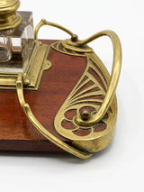 Antique Art Nouveau Bronze and Wood Inkwell, Whiplash Handle Desk Stand with Letter Opener, Circa 1900