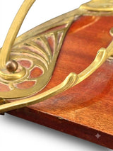 Antique Art Nouveau Bronze and Wood Inkwell, Whiplash Handle Desk Stand with Letter Opener, Circa 1900