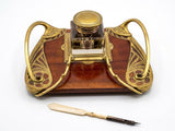 Antique Art Nouveau Bronze and Wood Inkwell, Whiplash Handle Desk Stand with Letter Opener, Circa 1900