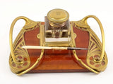 Antique Art Nouveau Bronze and Wood Inkwell, Whiplash Handle Desk Stand with Letter Opener, Circa 1900