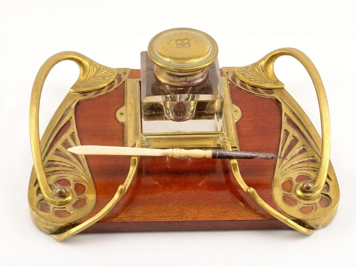 Antique Art Nouveau Bronze and Wood Inkwell, Whiplash Handle Desk Stand with Letter Opener, Circa 1900