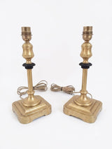 Pair of Gilt Bronze Lamp Bases, 1950s-60s French Column Lamps with Blackened Corolla Details