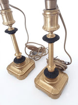Pair of Gilt Bronze Lamp Bases, 1950s-60s French Column Lamps with Blackened Corolla Details
