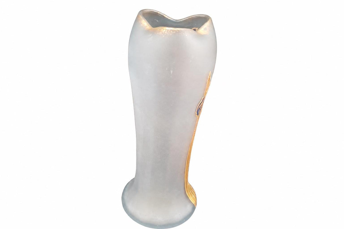 Art Nouveau Frosted Glass Vase, Enamel Iris Decoration in Blue and Gold