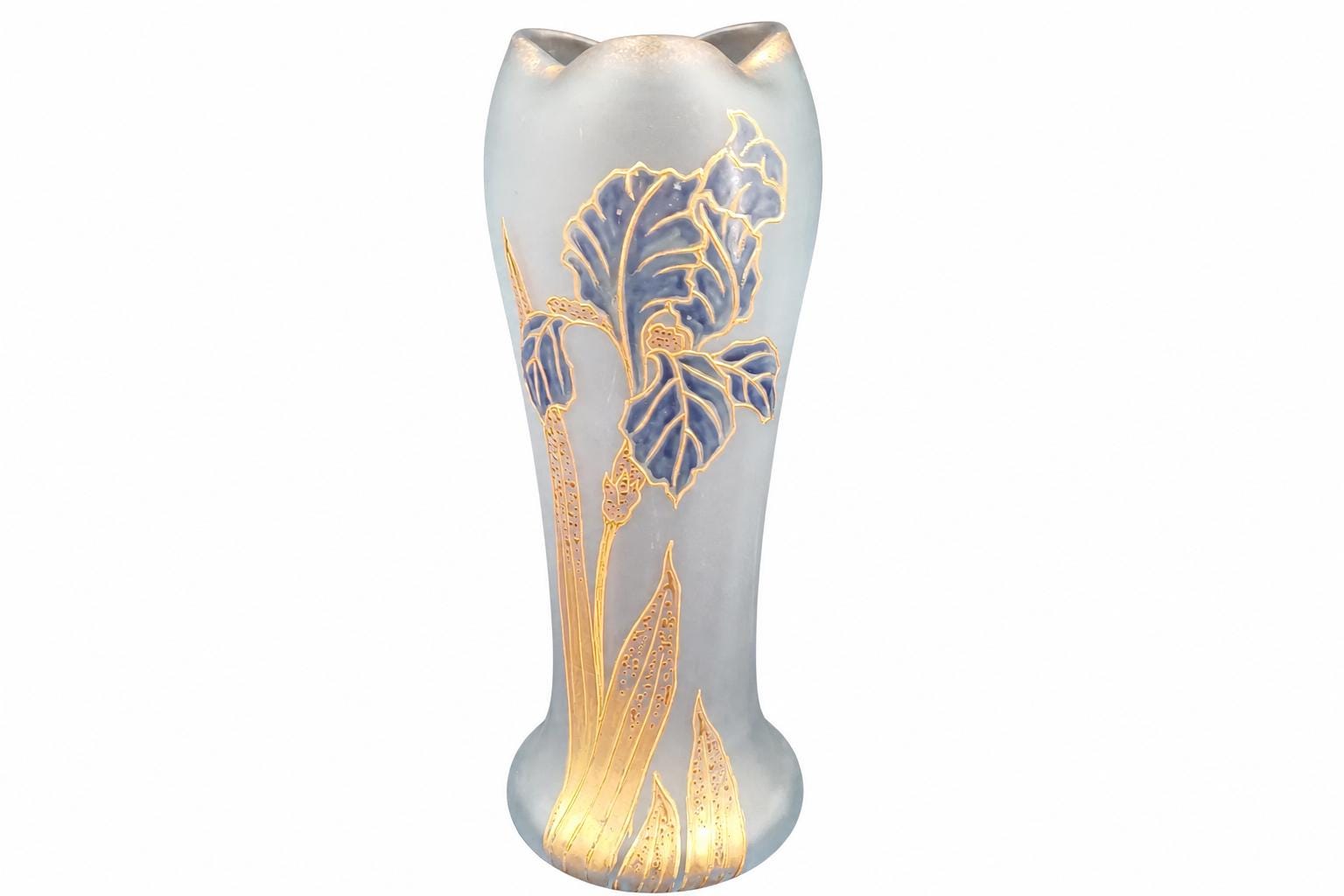 Art Nouveau Frosted Glass Vase, Enamel Iris Decoration in Blue and Gold, Possibly Montjoye
