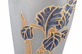 Art Nouveau Frosted Glass Vase, Enamel Iris Decoration in Blue and Gold, Possibly Montjoye