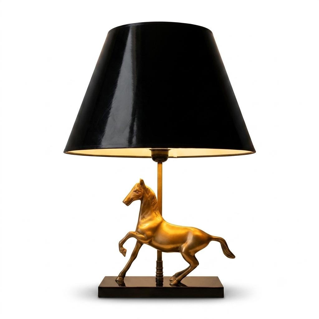 Brass Horse Table Lamp, Galloping Horse Sculpture Base, Maison Charles Style Lacquered Wood
