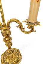 French Bronze Bouillotte Lamp, Green Crackle Tole Shade, Rococo Scrolled Arms, Circa 1960-70