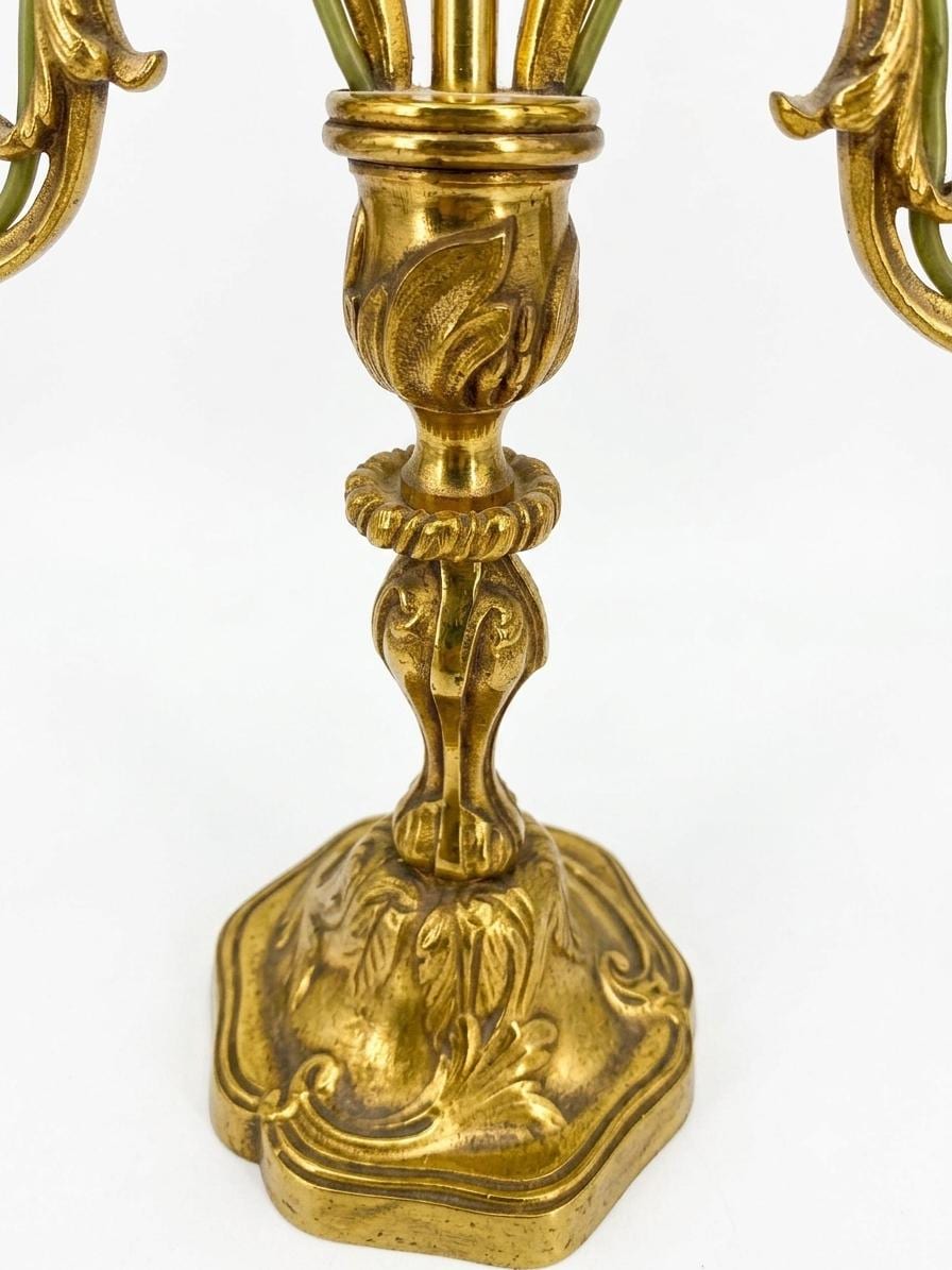 French Bronze Bouillotte Lamp, Green Crackle Tole Shade, Rococo Scrolled Arms, Circa 1960-70