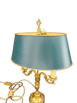 French Bronze Bouillotte Lamp, Green Crackle Tole Shade, Rococo Scrolled Arms, Circa 1960-70