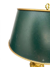French Bronze Bouillotte Lamp, Green Crackle Tole Shade, Rococo Scrolled Arms, Circa 1960-70