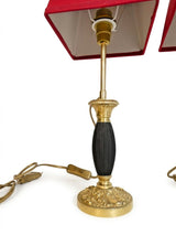 Pair of Restoration Period Gilt Bronze Candlestick Lamps, Ebonized Fluted Column, Converted to Lamps