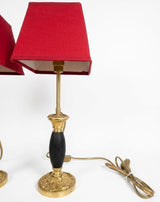 Pair of Restoration Period Gilt Bronze Candlestick Lamps, Ebonized Fluted Column, Converted to Lamps