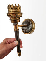Pair of Belle Époque Brass Wall Sconces, Crown-Form Pierced Shade Holders, Late 19th/Early 20th Century