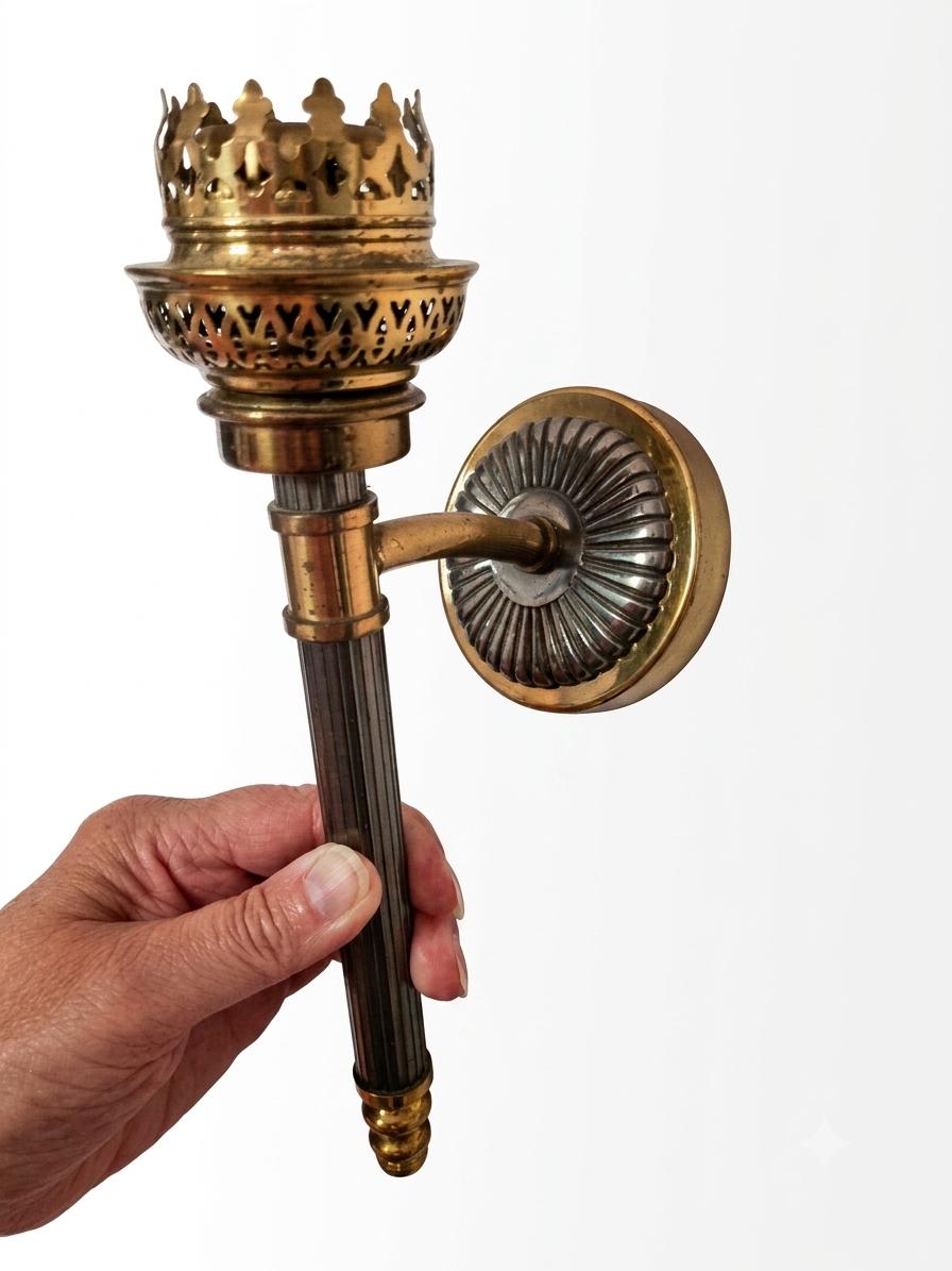 Pair of Belle Époque Brass Wall Sconces, Crown-Form Pierced Shade Holders, Late 19th/Early 20th Century