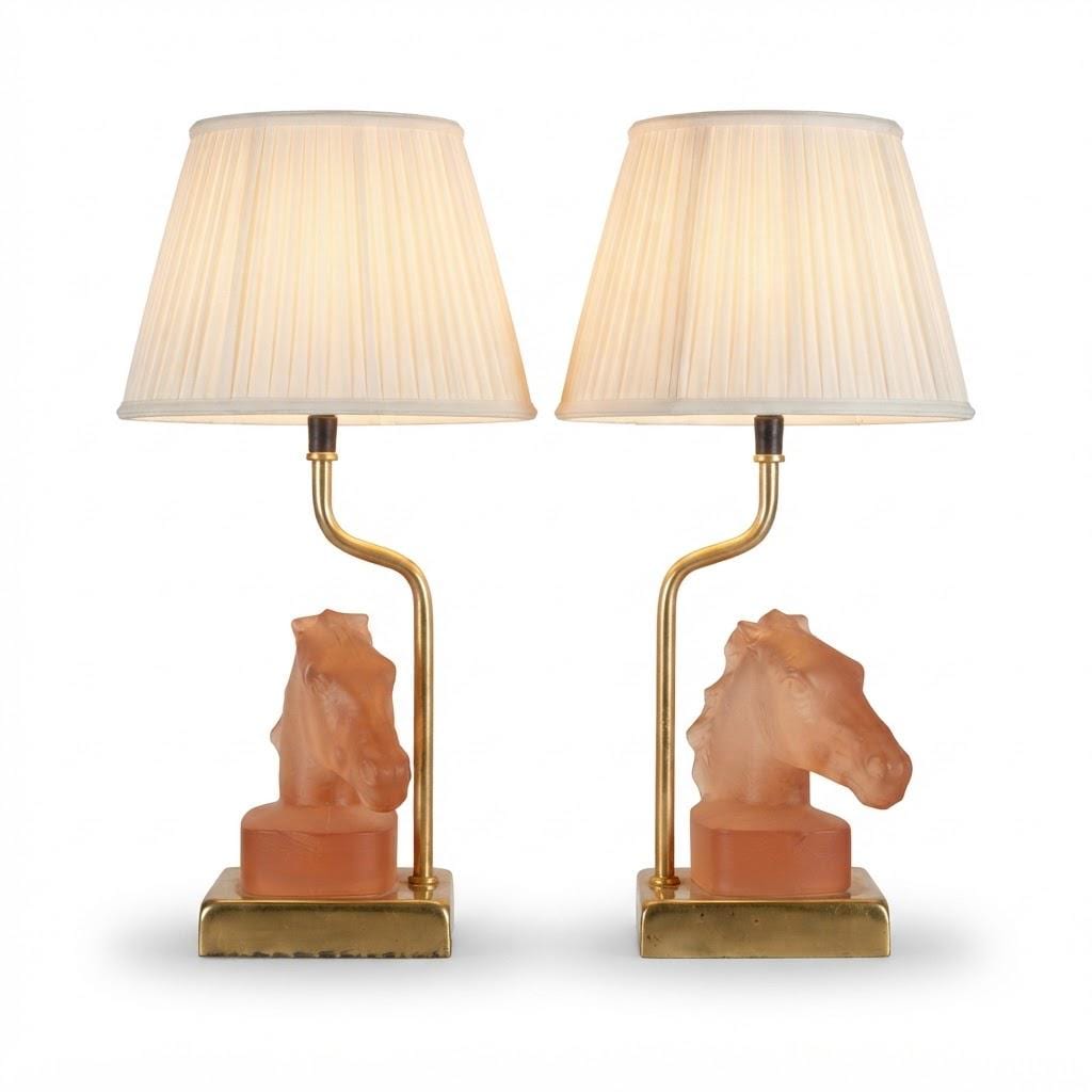 Le Dauphin Horse Lamps, Pair Vintage French Satin Glass and Brass Table Lamps, 1970s
