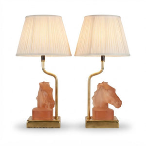 Le Dauphin Horse Lamps, Pair Vintage French Satin Glass and Brass Table Lamps, 1970s