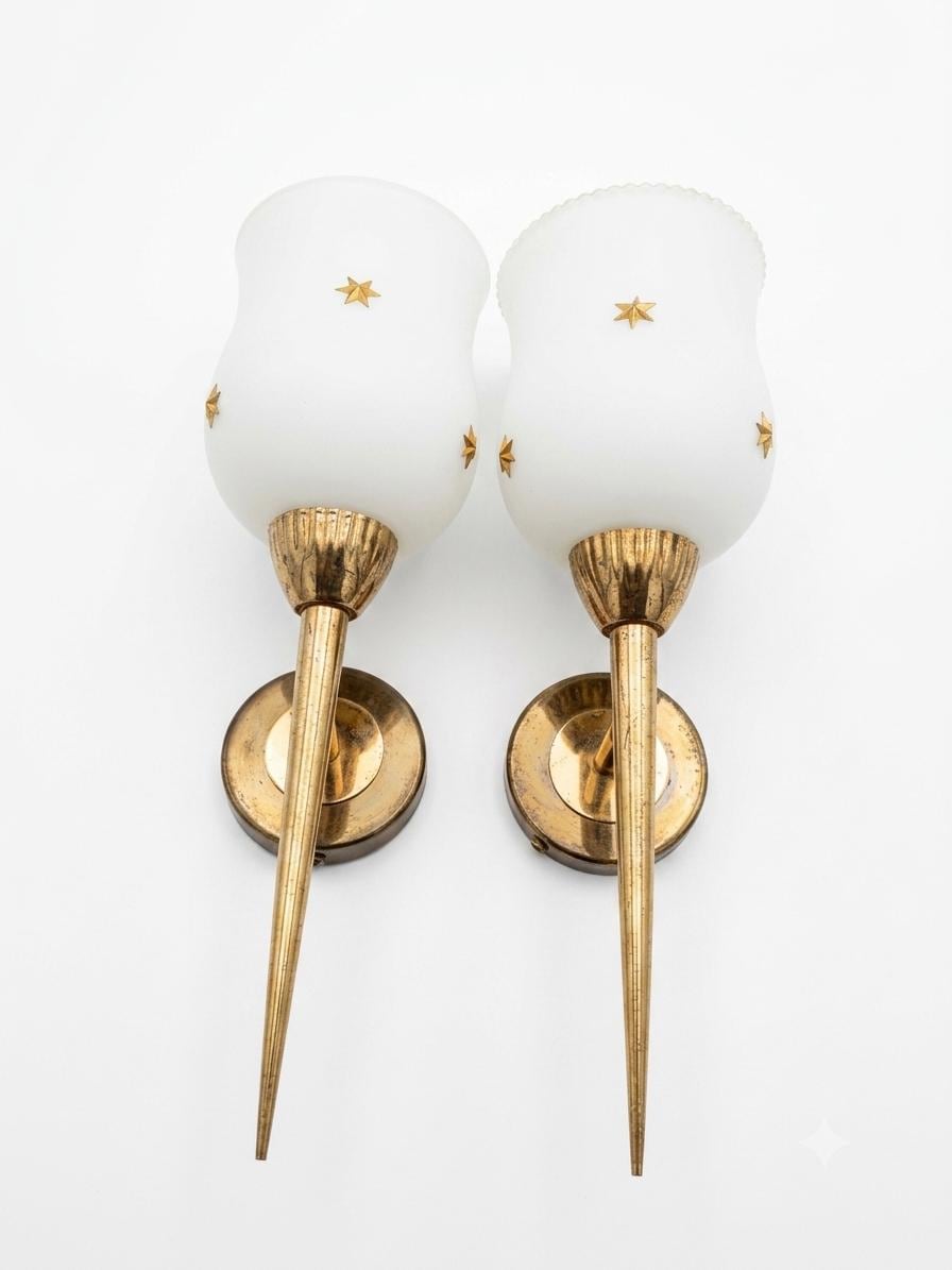 Pair of Vintage Chrome Wall Sconces, White Opaline Glass Shades with Gold Star Motif, 1960s Mid-Century
