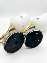 Pair of Vintage Chrome Wall Sconces, White Opaline Glass Shades with Gold Star Motif, 1960s Mid-Century
