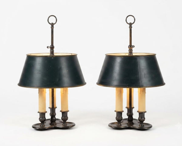 Pair of French Bouillotte Lamps, Silvered Metal with Teal Tole Shades, Empire Style, 1950s