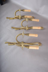 Vintage Brass Wall Sconces, Rope and Tassel Motif, Set of Three, Double Arm