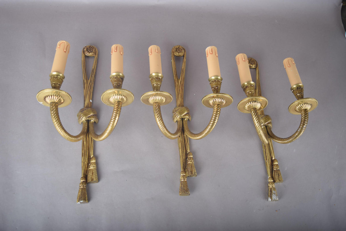 Vintage Brass Wall Sconces, Rope and Tassel Motif, Set of Three, Double Arm