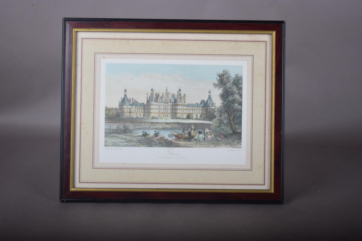 Antique Framed Print of Château de Chambord, Hand-Colored Lithograph by Deroy, French Castle View