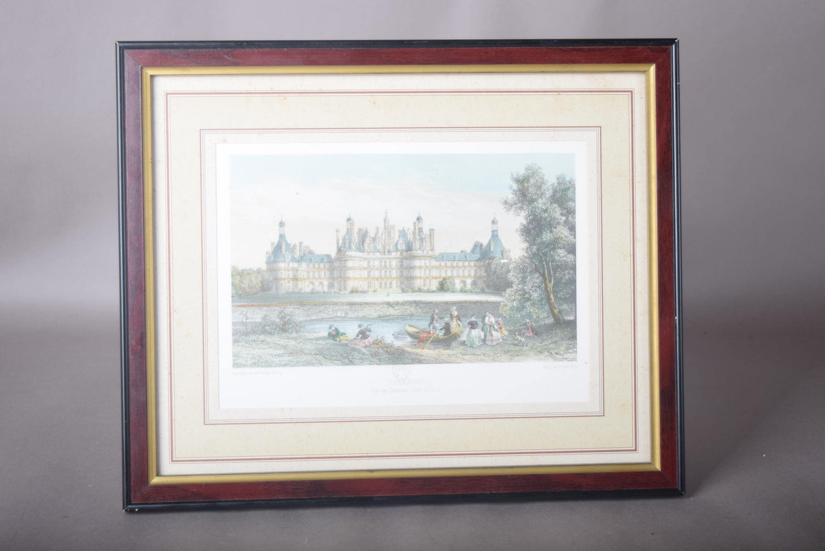 Antique Framed Print of Château de Chambord, Hand-Colored Lithograph by Deroy, French Castle View