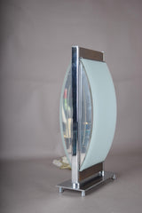 Vintage Chrome and Frosted Glass Table Lamp, Curved Oval Glass Panel Lamp with Walnut Accents, Mid-Century Modern Design