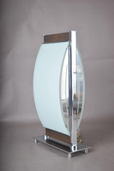 Vintage Chrome and Frosted Glass Table Lamp, Curved Oval Glass Panel Lamp with Walnut Accents, Mid-Century Modern Design