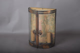 Antique Curved Glass Wall Lamp, Brass Fretwork Vitrine Sconce with fabric Garden Scene, Twin Candle-Form Lights