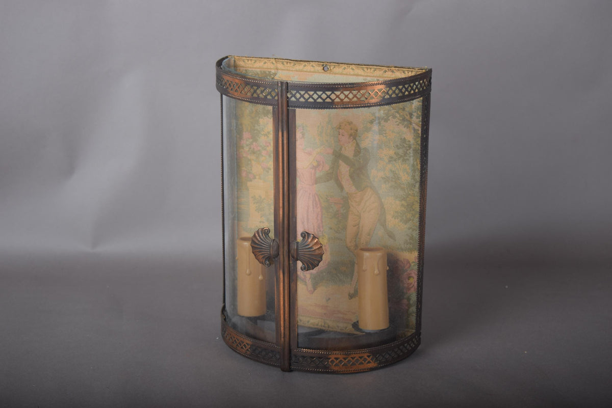 Antique Curved Glass Wall Lamp, Brass Fretwork Vitrine Sconce with fabric Garden Scene, Twin Candle-Form Lights