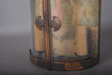 Antique Curved Glass Wall Lamp, Brass Fretwork Vitrine Sconce with fabric Garden Scene, Twin Candle-Form Lights