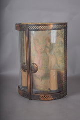 Antique Curved Glass Wall Lamp, Brass Fretwork Vitrine Sconce with fabric Garden Scene, Twin Candle-Form Lights