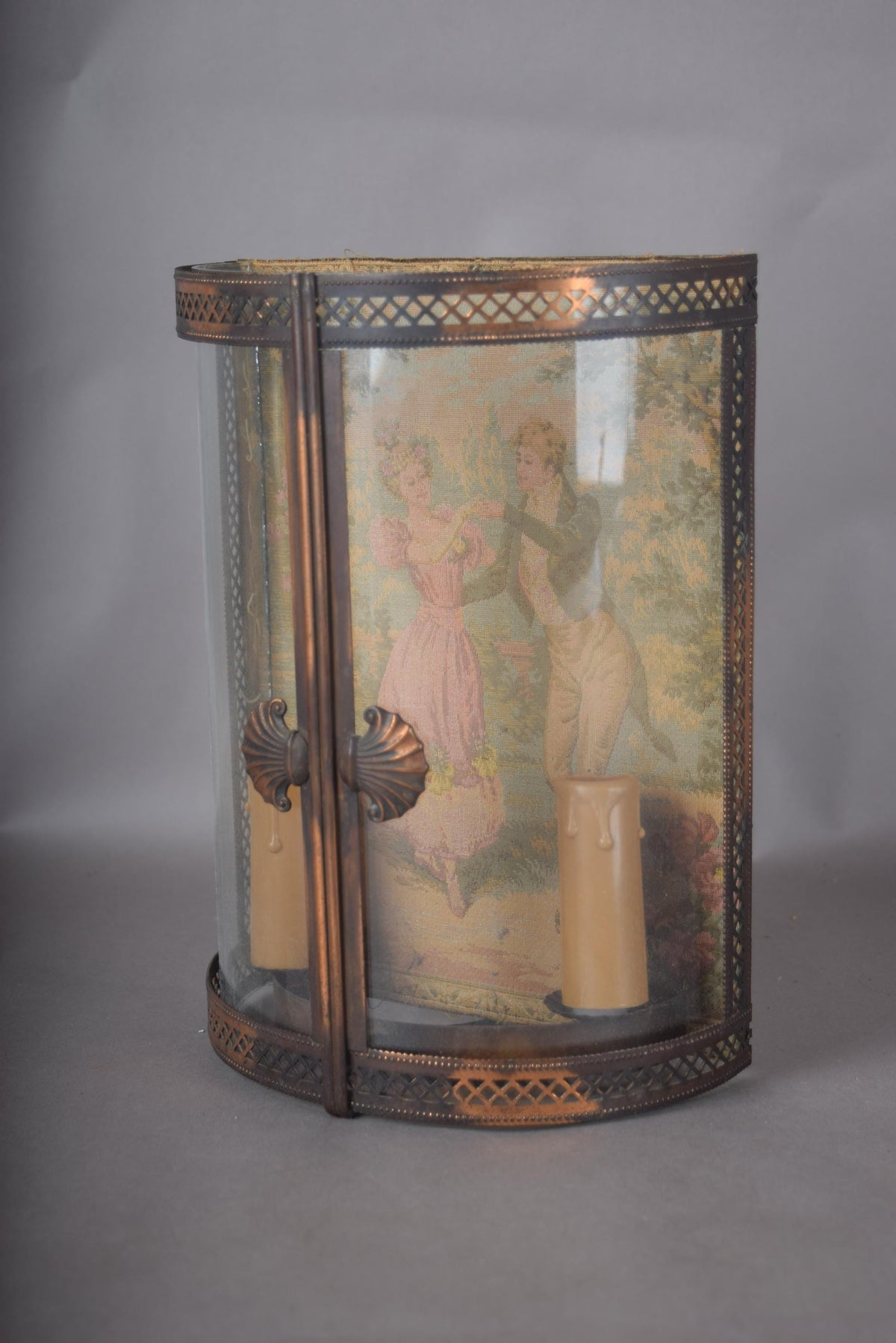 Antique Curved Glass Wall Lamp, Brass Fretwork Vitrine Sconce with fabric Garden Scene, Twin Candle-Form Lights