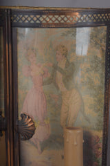 Antique Curved Glass Wall Lamp, Brass Fretwork Vitrine Sconce with fabric Garden Scene, Twin Candle-Form Lights