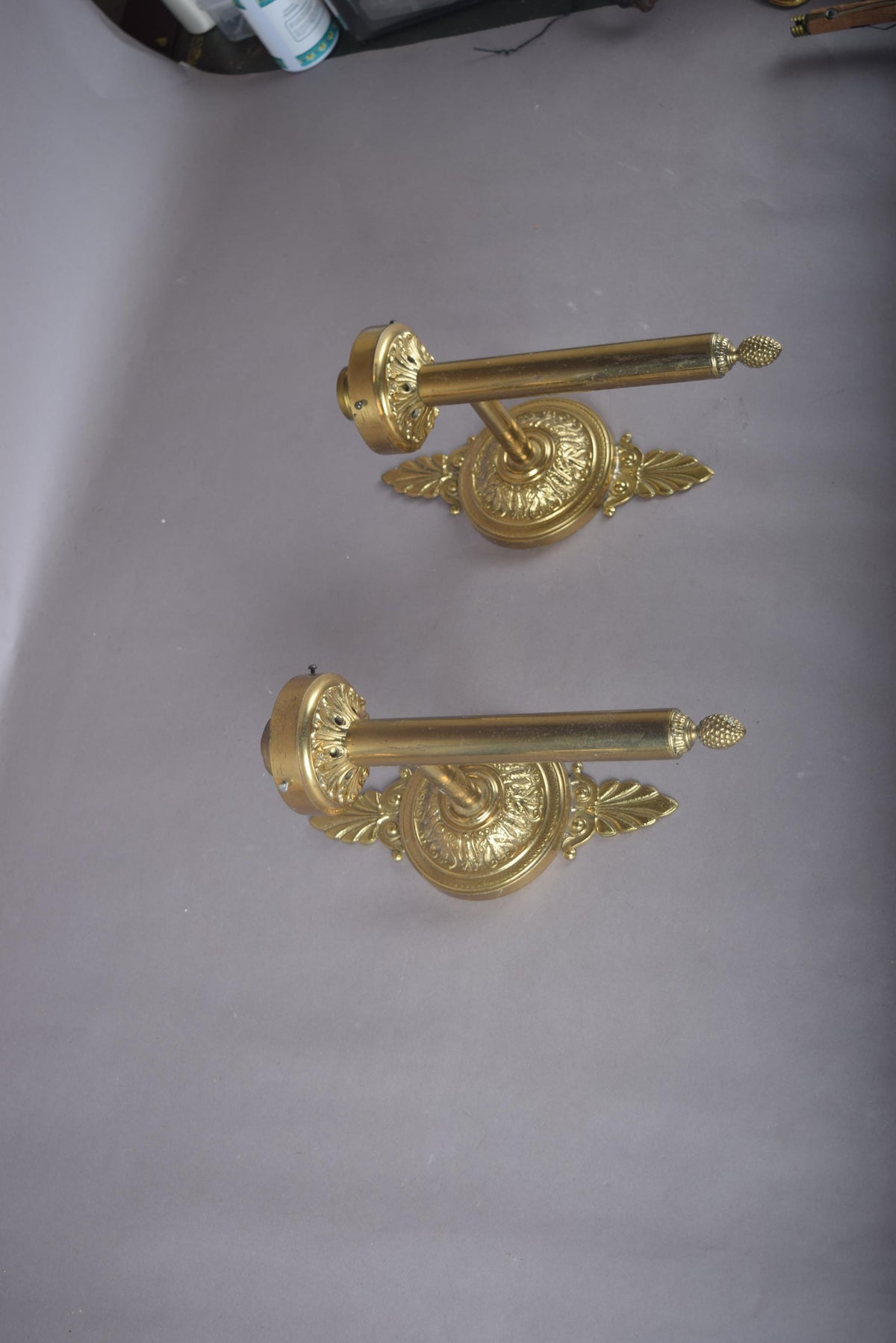 Vintage Solid Brass Wall Sconces, Ornate Rosette Backplate, Pineapple Finial, Pair