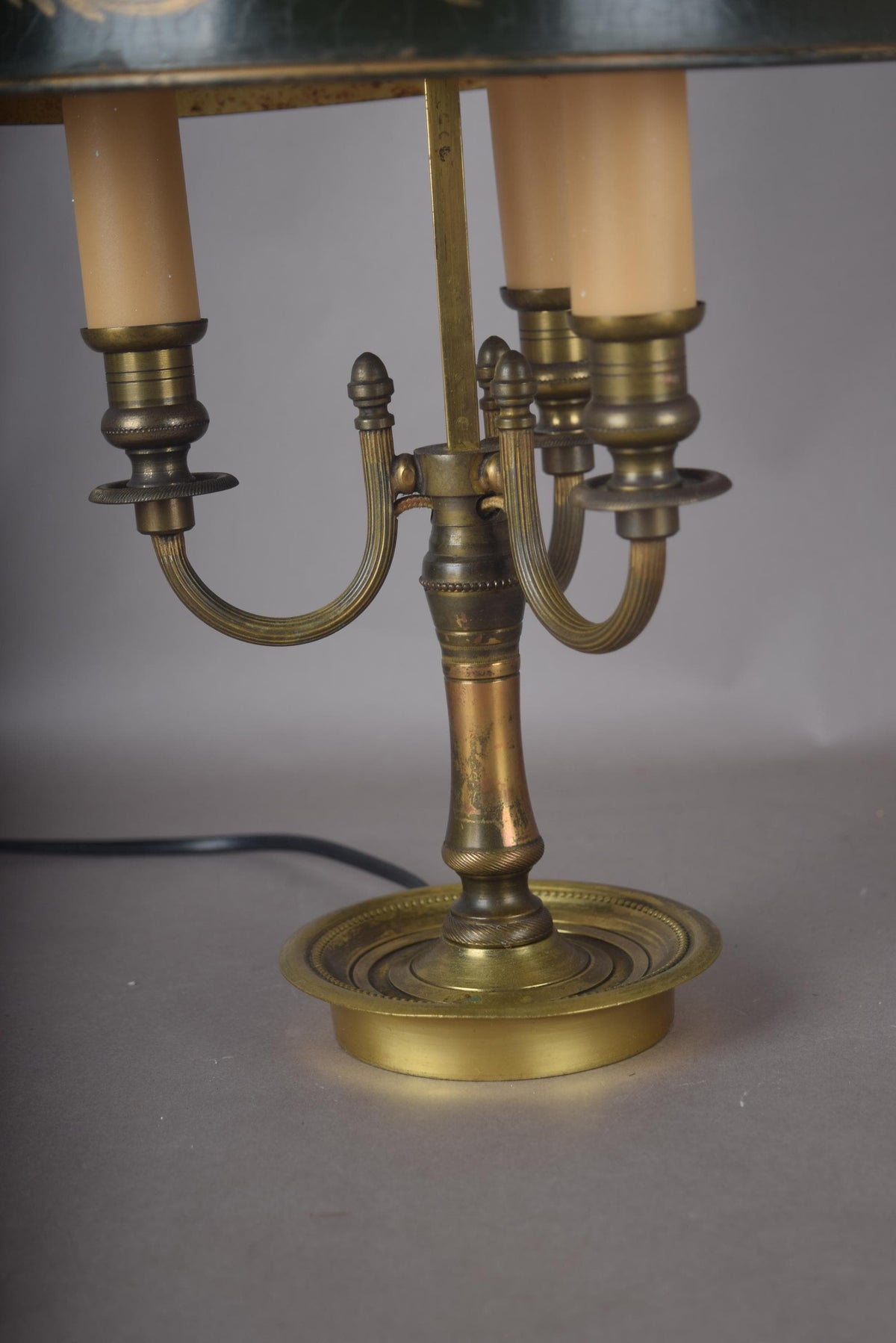 Vintage Brass Bouillotte Lamp, Three-Arm Candelabra Base with Green Tole Shade, French Style Table Lamp