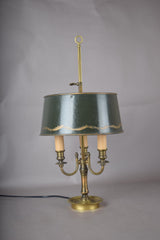 Vintage Brass Bouillotte Lamp, Three-Arm Candelabra Base with Green Tole Shade, French Style Table Lamp