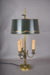 Vintage Brass Bouillotte Lamp, Three-Arm Candelabra Base with Green Tole Shade, French Style Table Lamp
