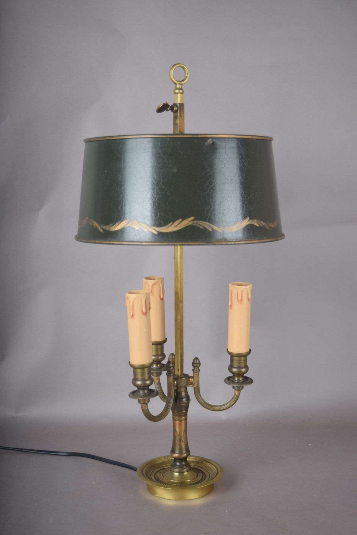 Vintage Brass Bouillotte Lamp, Three-Arm Candelabra Base with Green Tole Shade, French Style Table Lamp