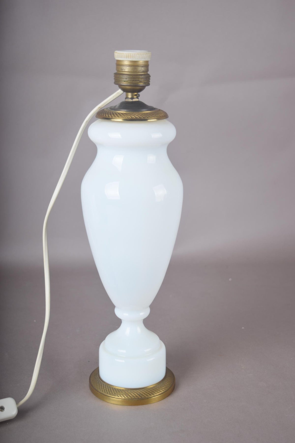 Vintage White Opaline Glass Table Lamp, Baluster Body and Brass Base, Pleated Shade Included